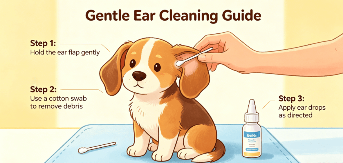 Senior dog resting while ear handling is kept calm and brief