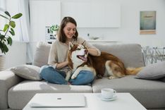 Smiling young woman relaxes on a couch with her Siberian Husky in a modern living room.
